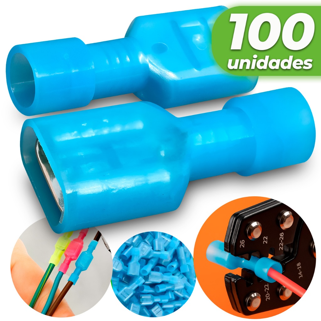Kit 100 Terminal Fêmea Totalmente Isolado Faston 1.5 A 2.5mm Azul Conector Eletrico p/ Cabos e Fios