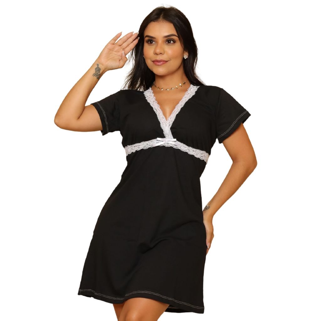 Camisola Amamentação Gestante Pós Parto Com Renda Abertura Transversal e Manga Curta