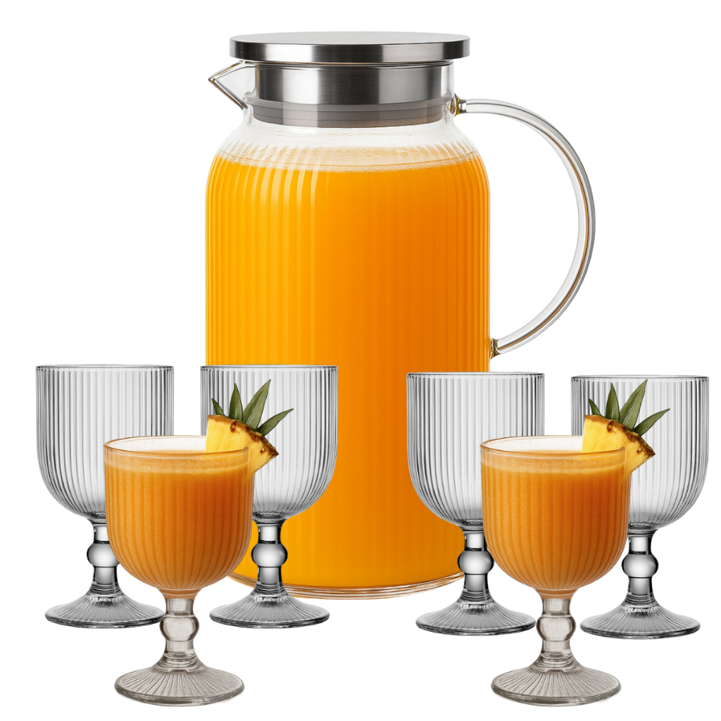 Kit 6 Taças Canelada 380ml + Jarra Borossilicato 1,8l Vidro