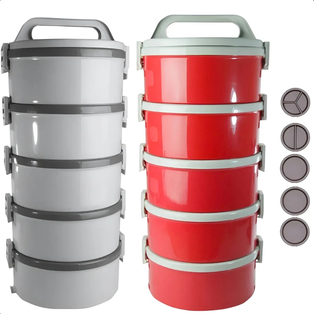 Kit 2 Jogo De Marmitas Térmica Divisórias 10 Peças 1,5 Litros Tekcor Cinza E Vermelho - Soprano