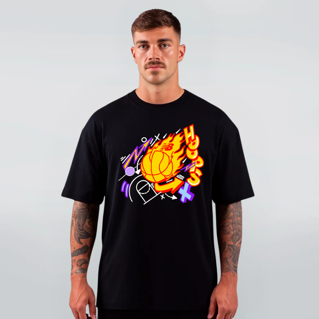 Camiseta Oversized Basquete Basketball Hoops Fire Camisa Grande Estampada Estilo Old School