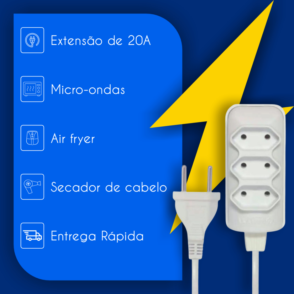 Extensao cabo reforçado 20A Bivolt 1m/2m/3m