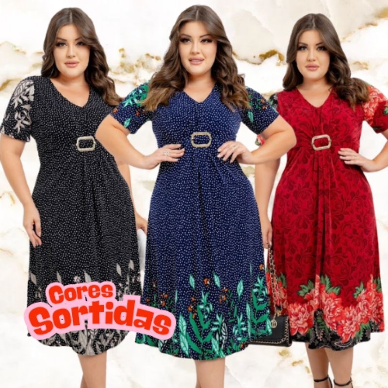 KIT 3 Vestidos Feminino Estampados Fivela Dourada Cores Sortidas Bella Moda Brás em Oferta na Shopee