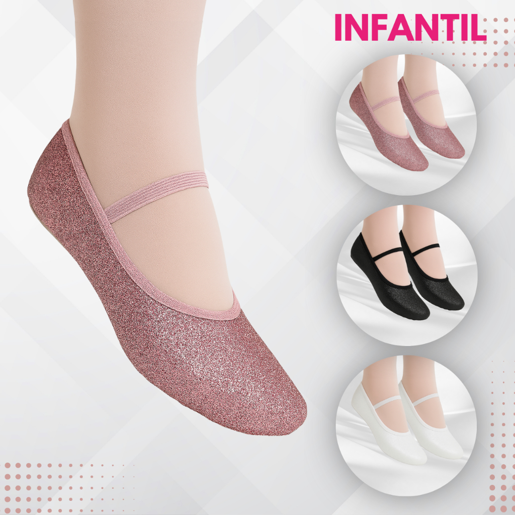 Sapatilha Para Ballet Glitter Meia Ponta Infantil - Cores Rosa Preto Branco