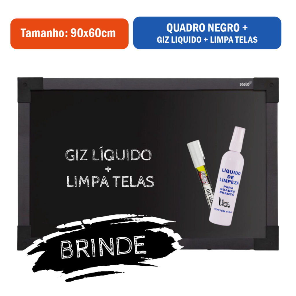 Quadro Negro MDF 90x60cm Stalo + Giz Líquido + Limpa Tela | Lousa Quadro Preto