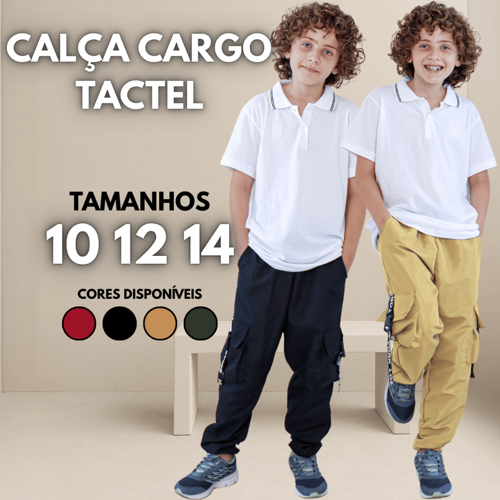 Calça Tactel Juvenil Bolsos Cargo Jogger Escola Confortável Estilosa Street Casual Com Fita Inverno