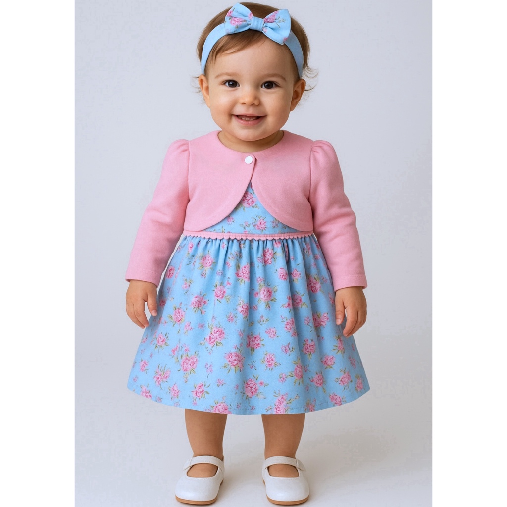 Vestido Bebê Menina Mundo Nina Florido com Bolero 100% Algodão 2 Peças Com Gola Laço Luxo