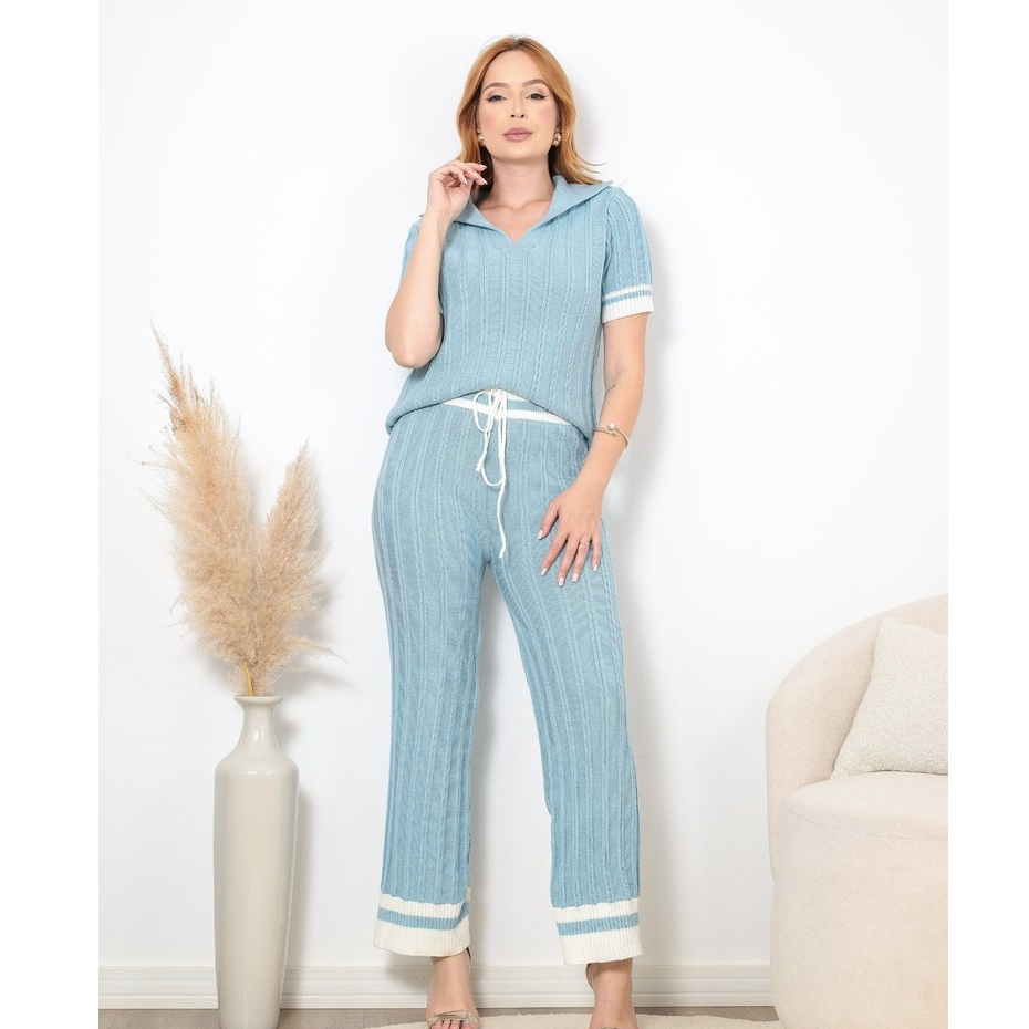 Conjunto feminino confeccionado em tricô Modal Calça e Blusa Manga Curta Com Listras Tricô Premium