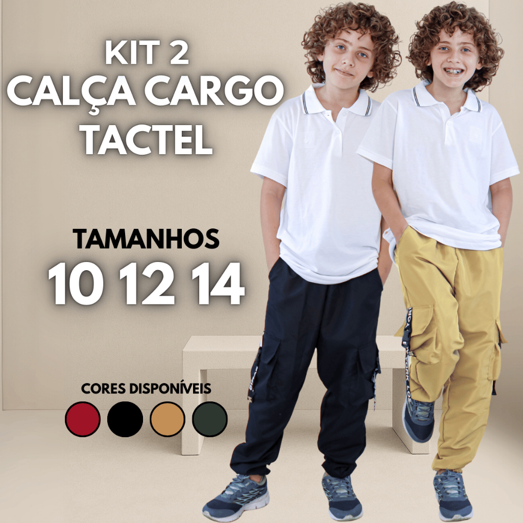 Kit 2 Calça Tactel Juvenil Jogger Bolso Cargo Estilosa Escola Top Frio Dia a Dia Escola Street Fita