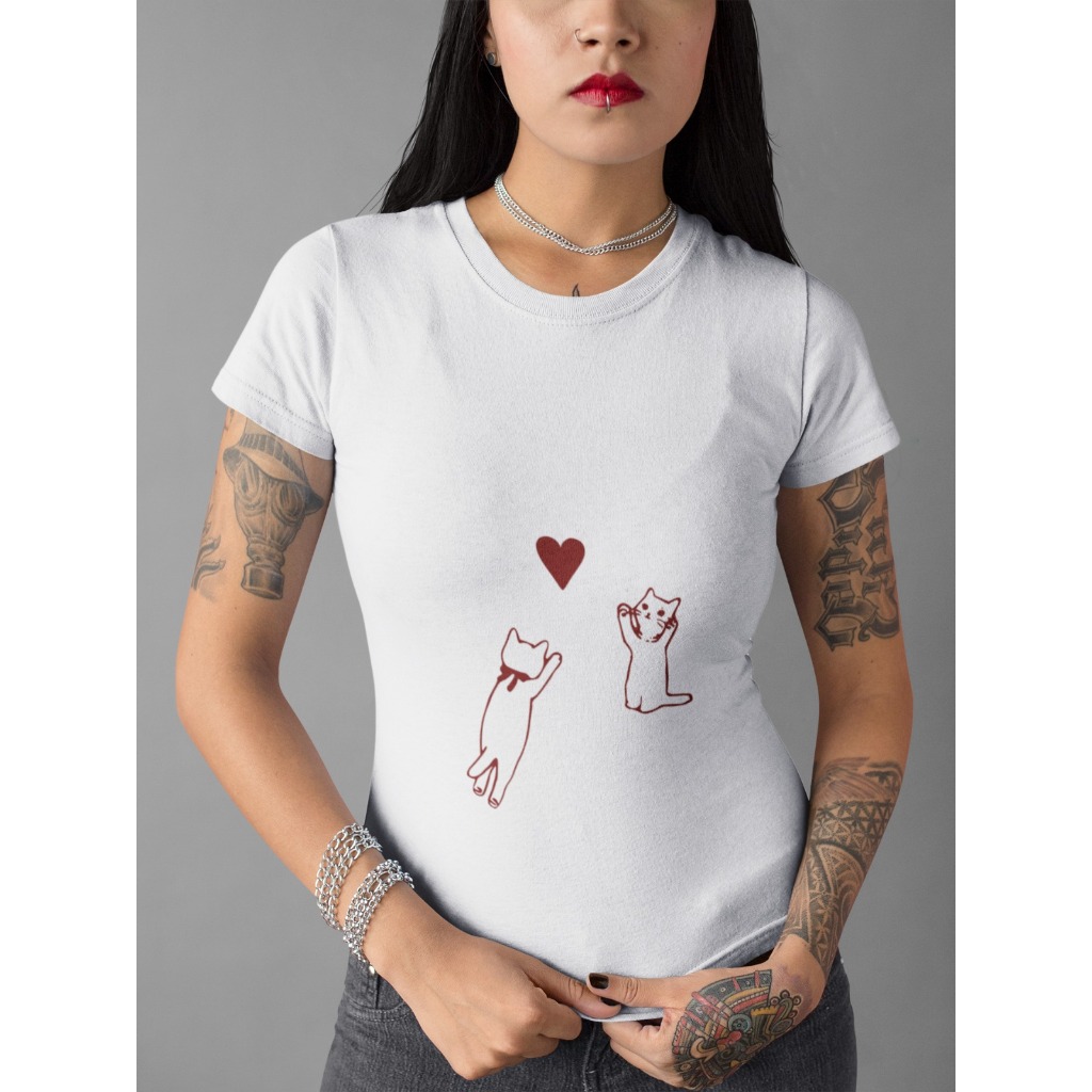 Baby Tee Y2K Feminina- Estampa Dois Gatinhos e Coração, Conforto Elástico e Versátil para Primavera/Verão/Outono