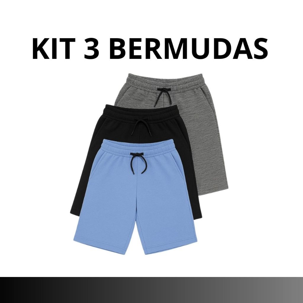 Kit 3 Bermuda Moletom Esporte Com Bolso