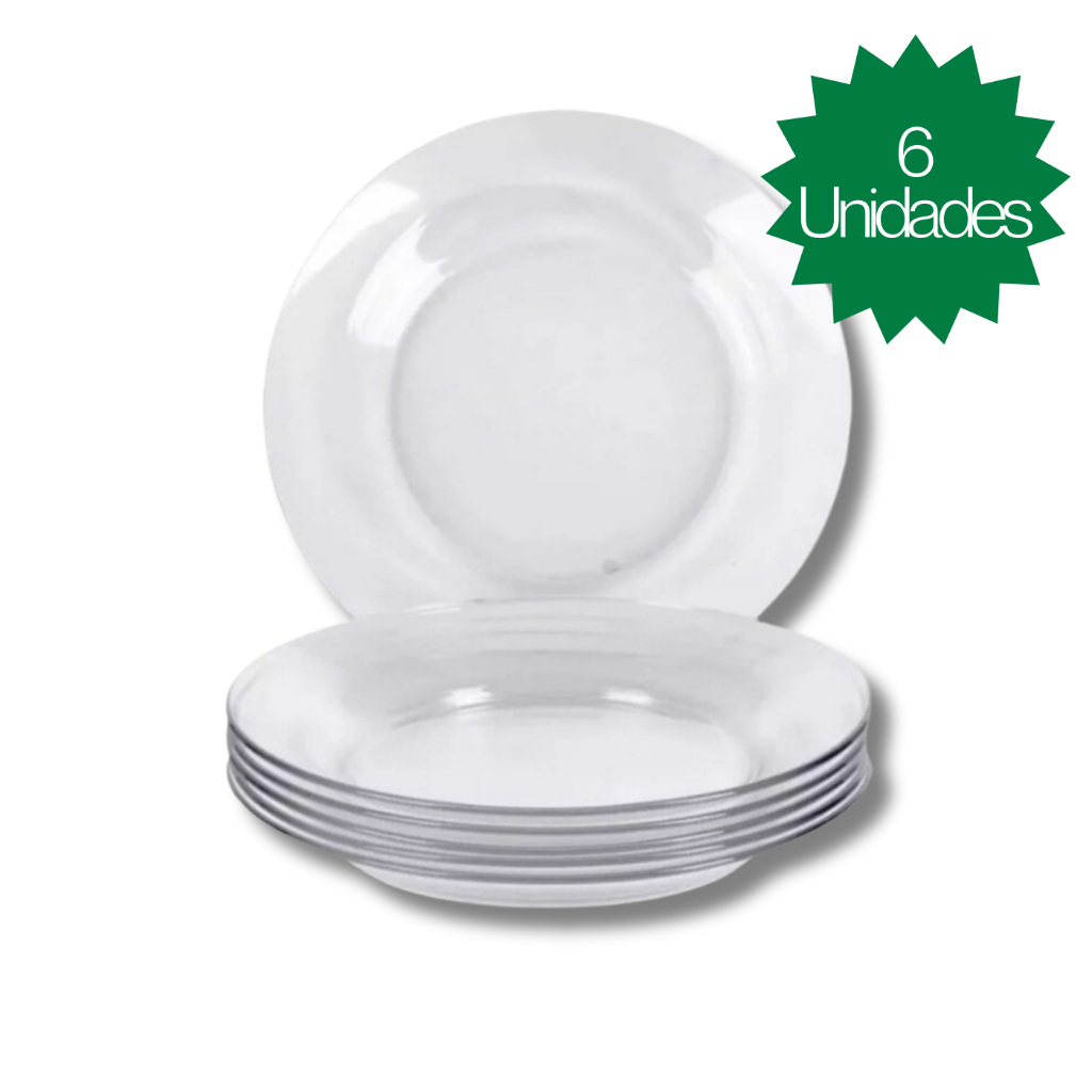 Kit com 6 Prato Fundo Lisos Vidro Transparentes Refeição Churrasco Festa Jantar Sopa Jogo de Pratos