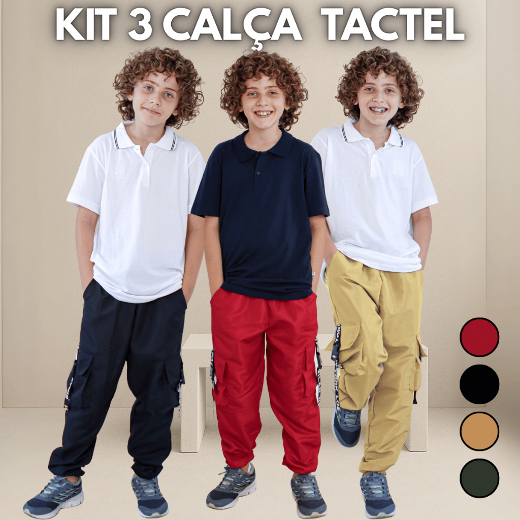 Kit 3 Calça Tactel Juvenil Jogger Bolso Cargo Estilosa Escola Top Frio Dia a Dia Escola Street Fita