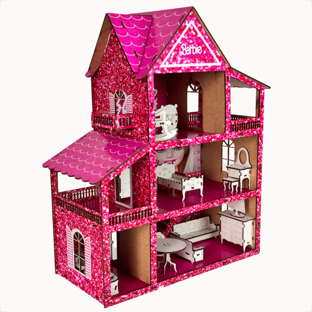 Kit Casa Casinha 19 Moveis Brincar Bonecas Mdf Rosa Branco Detalhes Realistas