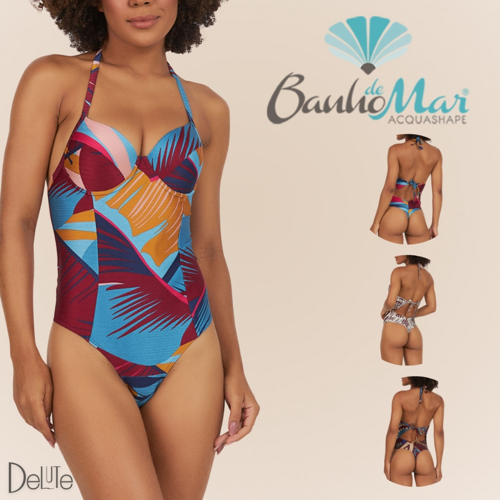 Maio Banho de Mar de Alta Compressao Com Bojo Estampado Efeito Zero Barriga Modela Reduz Fio Dental