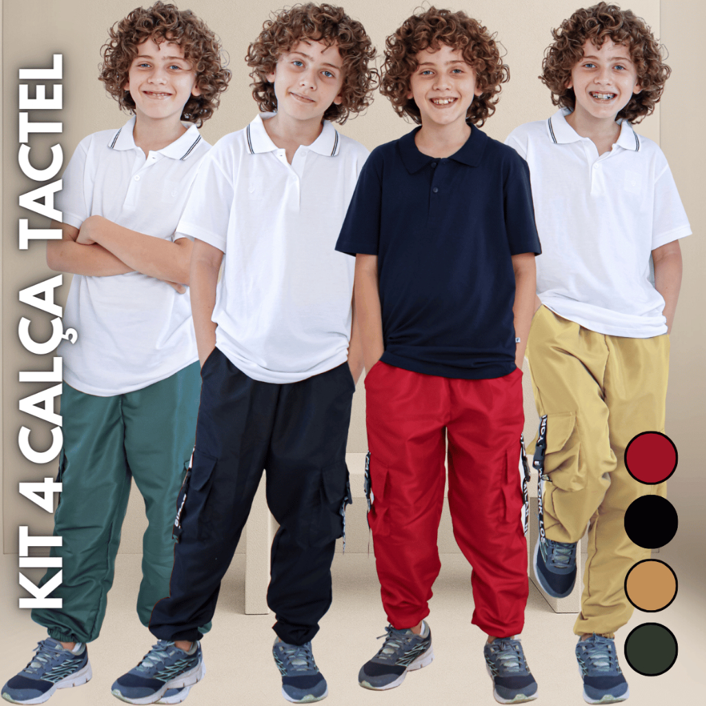 Kit 4 Calça Tactel Juvenil Jogger Bolso Cargo Estilosa Escola Top Frio Dia a Dia Escola Street Fita