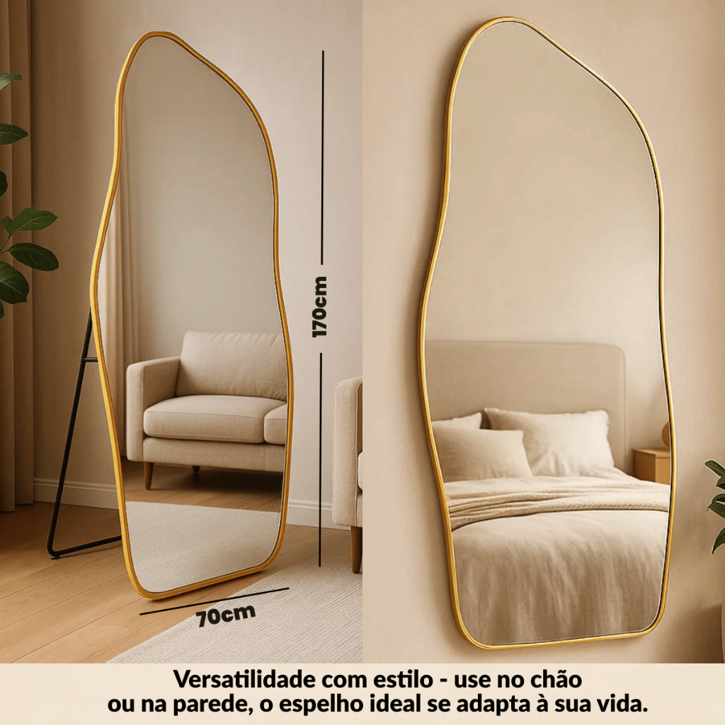 Detalhes do Espelho Corpo Inteiro Orgânico 170x70cm Flame Retangular Oval Base Reta Dourado Com Suporte de Chão