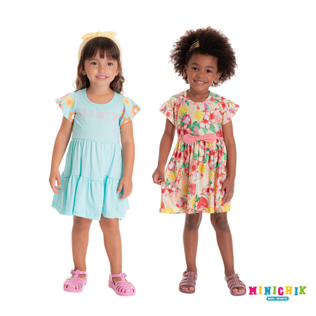 Kit 2 Peças Vestidos Infantil Menina Verde Água Com Flores Na Manga e Rosa Estampa Floral