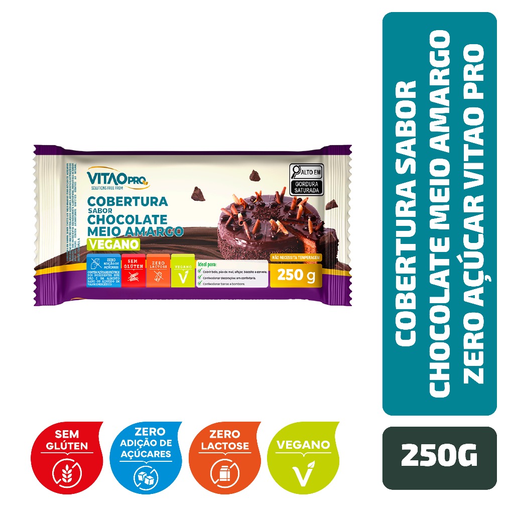 Cobertura Sabor Chocolate Meio Amargo Zero Açúcar Vitao PRO 250 g em Oferta na Shopee