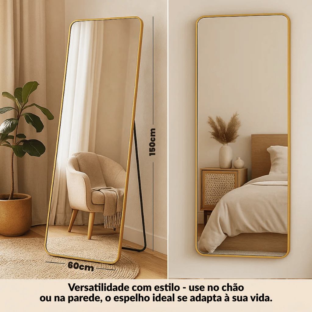 Detalhes do Espelho Corpo Inteiro Retangular Dourado 150x60cm Base Reta Oval Orgânico Com Suporte de Chão