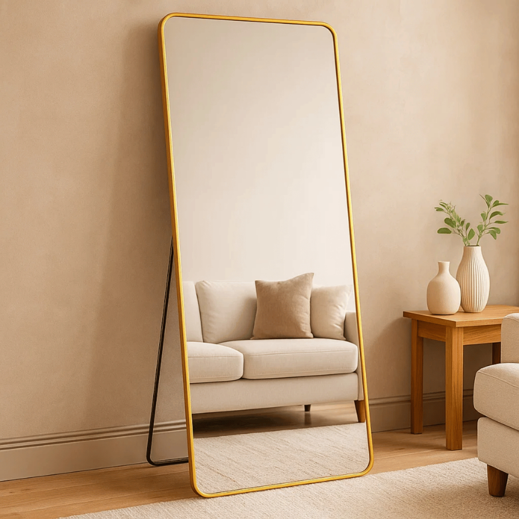 Espelho Lopazzi Corpo Inteiro Retangular Dourado 150x60cm Base Reta Oval Orgânico Com Suporte de Chão