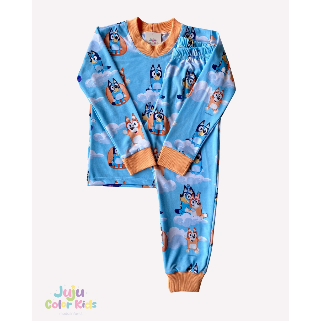 Pijama Infantil Bluey e Bingo em Malha Manga Longa e Calça em Oferta na Shopee