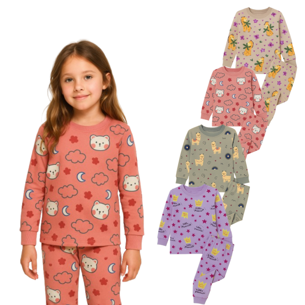 Kit Pijama 4 Peças Infantil Suede Para Bebê Menino Menina Manga Longa Inverno Sortido Criança Frio