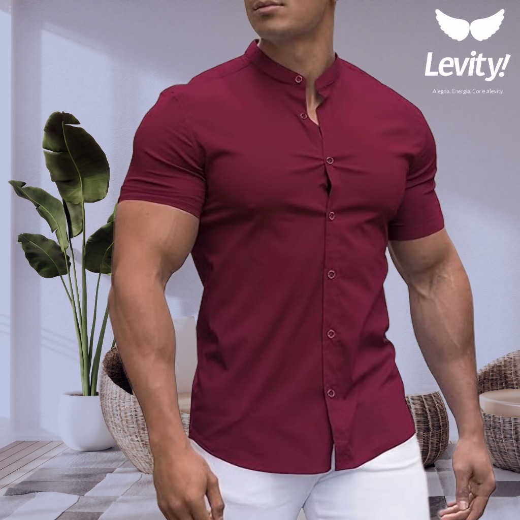 Camisa Social Masculina Gola Padre de Luxo Manga Curta Slim Fit Linho Viscose Tecido Premium Leve