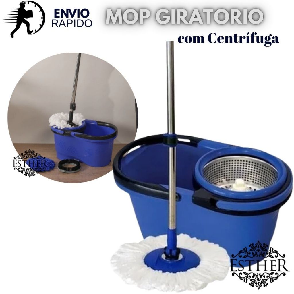Mop Azul Giratório 360° Cesto Inox 8L Com Trava Para Facilitar a Limpeza Microfibra