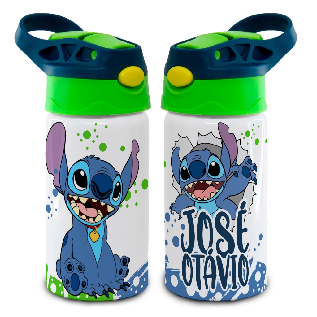 SQUEEZE GARRAFA STITCH AZUL PERSONALIZADO COM NOME LANCHEIRA PRESENTE 500ML EXCELENTE QUALIDADE LILO FILME em Oferta na Shopee