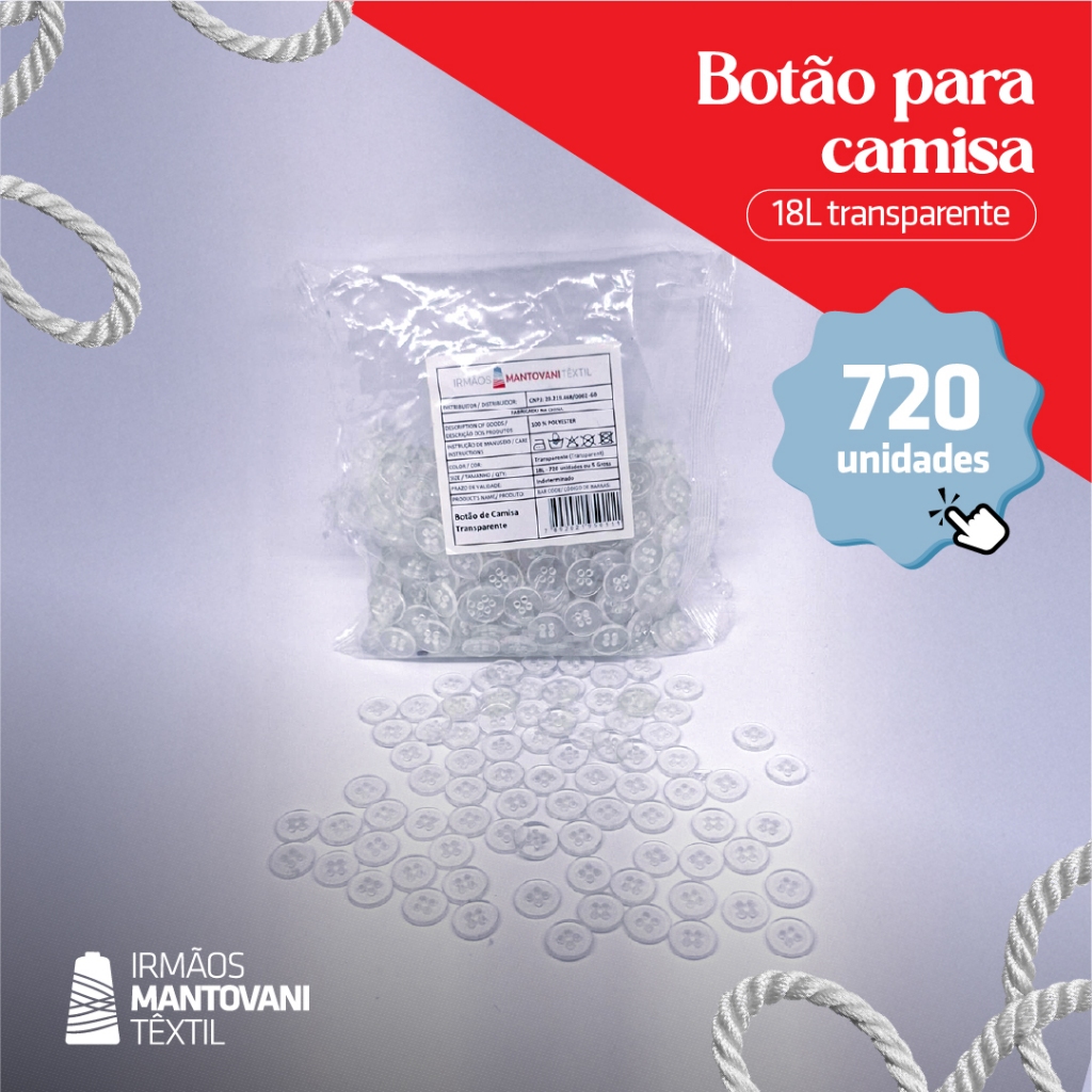Botão para Camisa 18L Transparente – 4 Furos | Pacote 720un (5 Grossas) em Oferta na Shopee