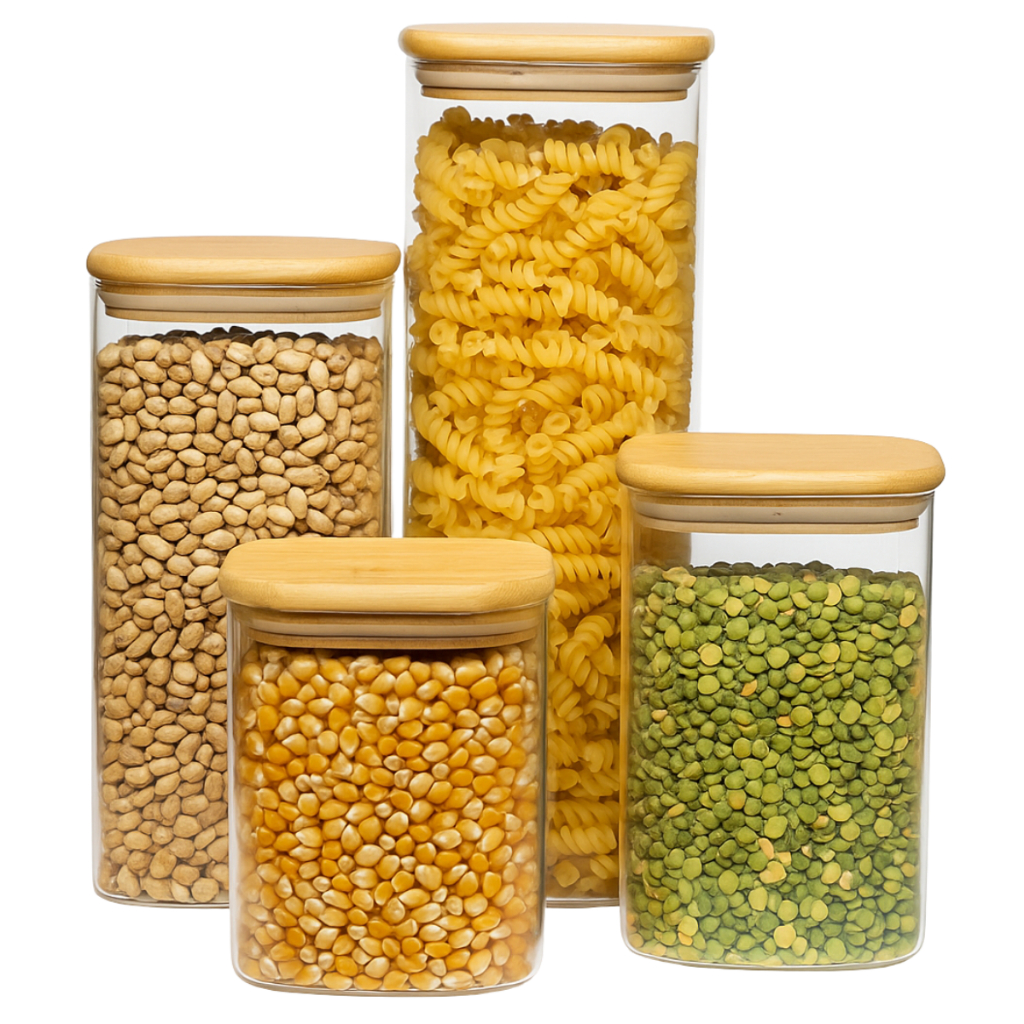 Kit 4 Potes Grande Herméticos Vidro Tampa Bambu Porta Condimento Grãos Tempero Cozinha em Oferta na Shopee