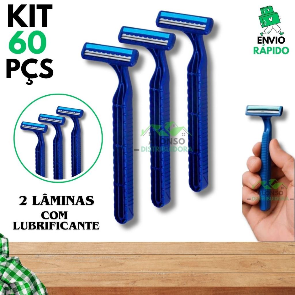 Kit 60 Barbeador Aparelho de Barbear Masculino e Feminino Descartável c/ 2 Lâminas e Lubrificante