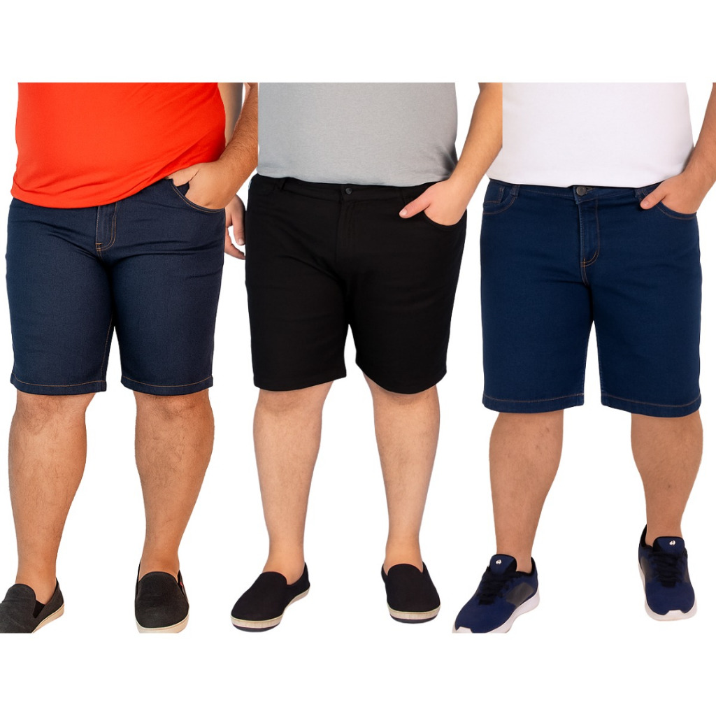 Kit 3 Bermuda Short Plus Size Elastano Sport Fino Calção Sarja Alfaiataria