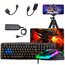 Kit Mobilador Completo Hub Tipo C Teclado Gamer Teclas Azul Mouse RGB Mouse Pad Tripe