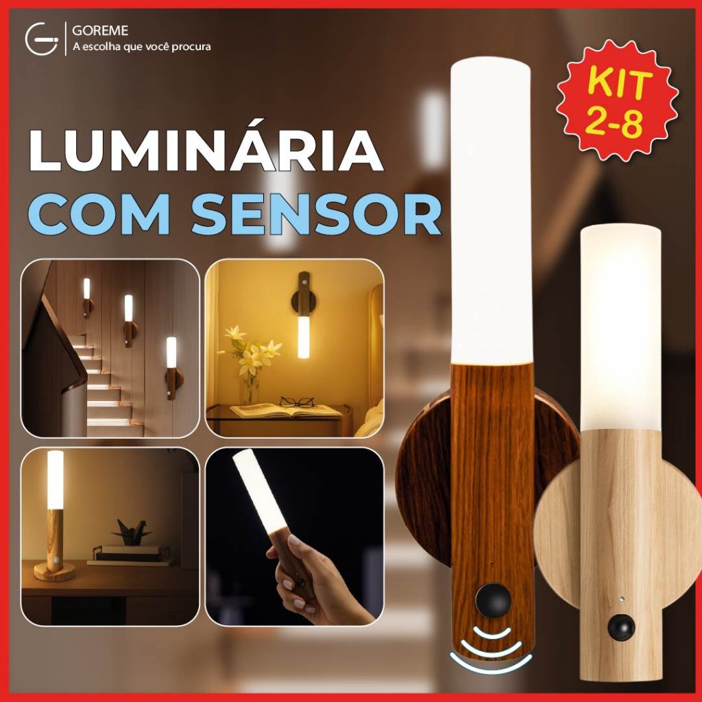 Kit 2-8 Luminária Portátil com Sensor de Movimento Led Moderno Textura Madeira Bastão com Ímã Bivolt em Oferta na Shopee