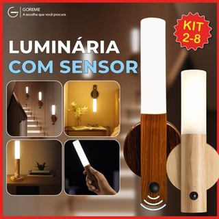 Kit 2-8 Luminária Portátil com Sensor de Movimento Led Moderno Textura Madeira Bastão com Ímã Bivolt