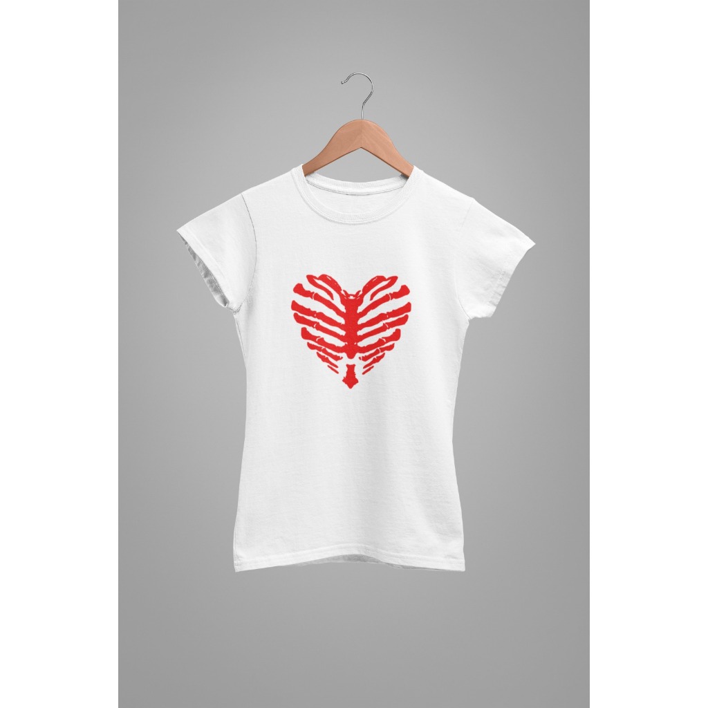 Baby Tee Y2K Feminina- Estampa Coração De Ossos e Coração, Conforto Elástico e Versátil para Primavera/Verão/Outono
