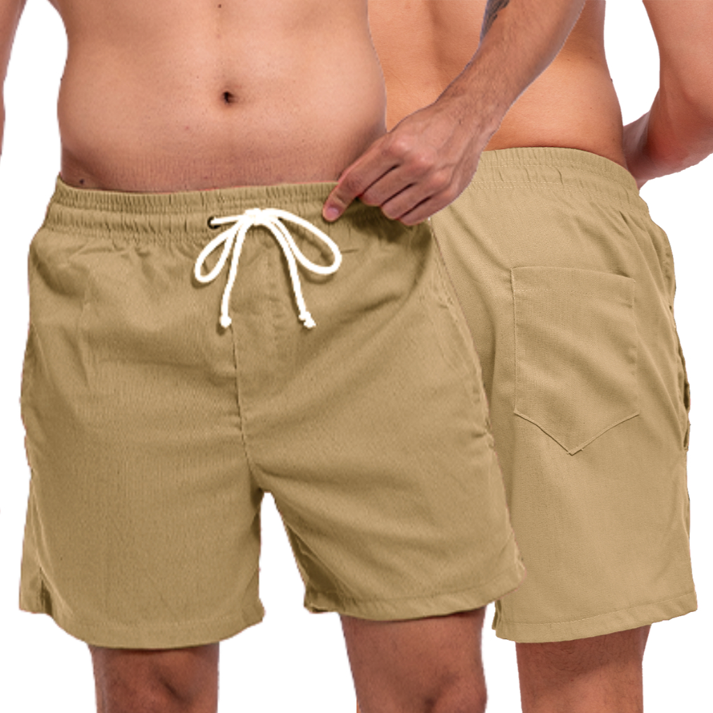 Bermuda De Linho Masculina Casual Com Ajuste De Cordão E Bolsos Laterais