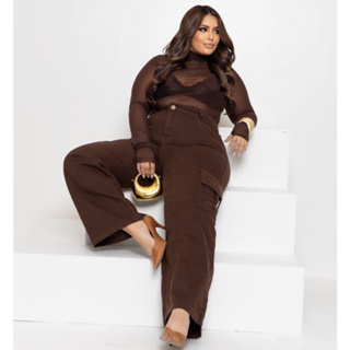 Calça Jeans Feminina Wide Leg Cargo Plus Size Marrom em Oferta na Shopee