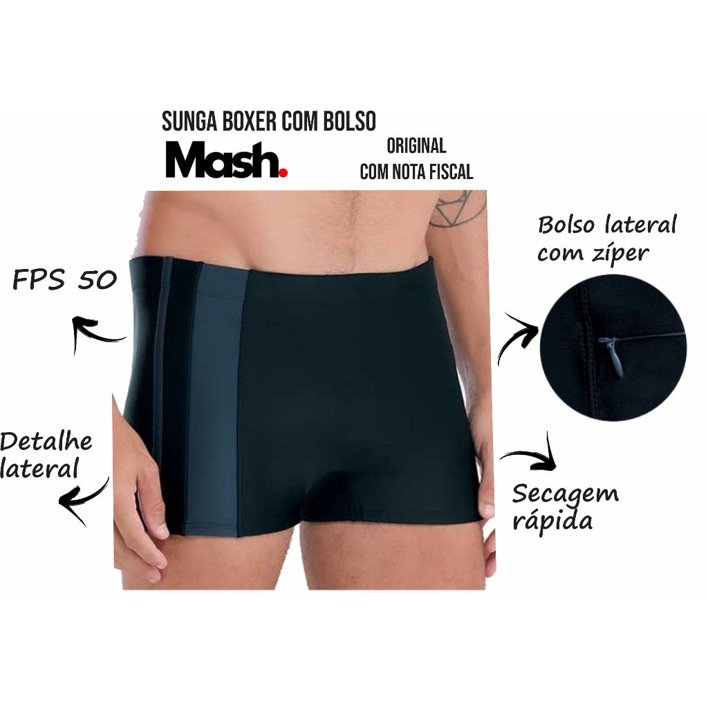 Sunga Boxer Mash praia piscina natação com bolso lateral em Oferta na Shopee
