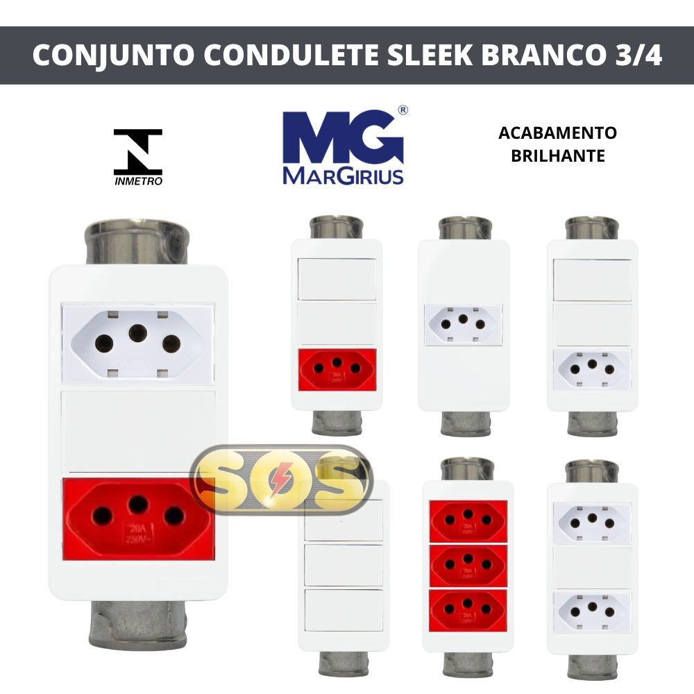 CONJUNTO CONDULETE 3/4 INTERRUPTOR SIMPLES PARALELO TOMADA 10A 20A SLEEK BRANCO MARGIRIUS
