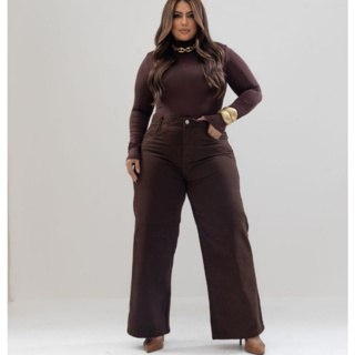 Calça jeans Feminina Wide leg Plus Size Marrom em Oferta na Shopee
