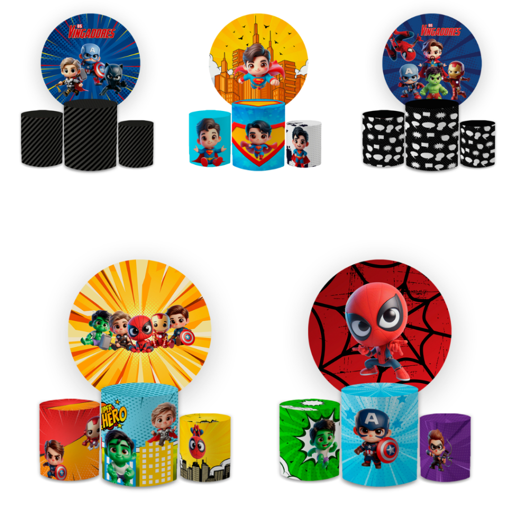Kit Capa Painel Redondo 1,5 + Trio Heróis Cute Baby Cilindros Decoração Aniversário Infantil