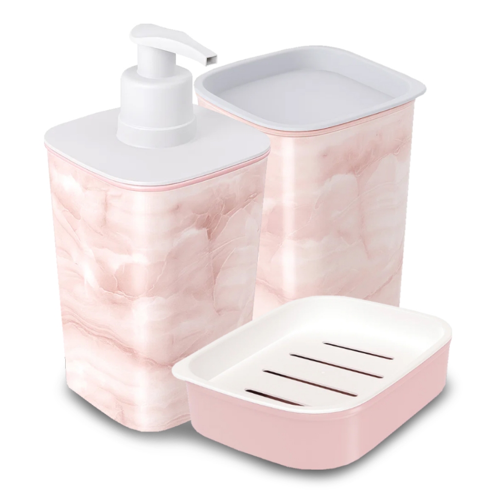 Kit Higiene Banheiro Mármore Rosa Porta Sabonete Líquido Porta Cotonete Algodão Saboneteira Plasútil