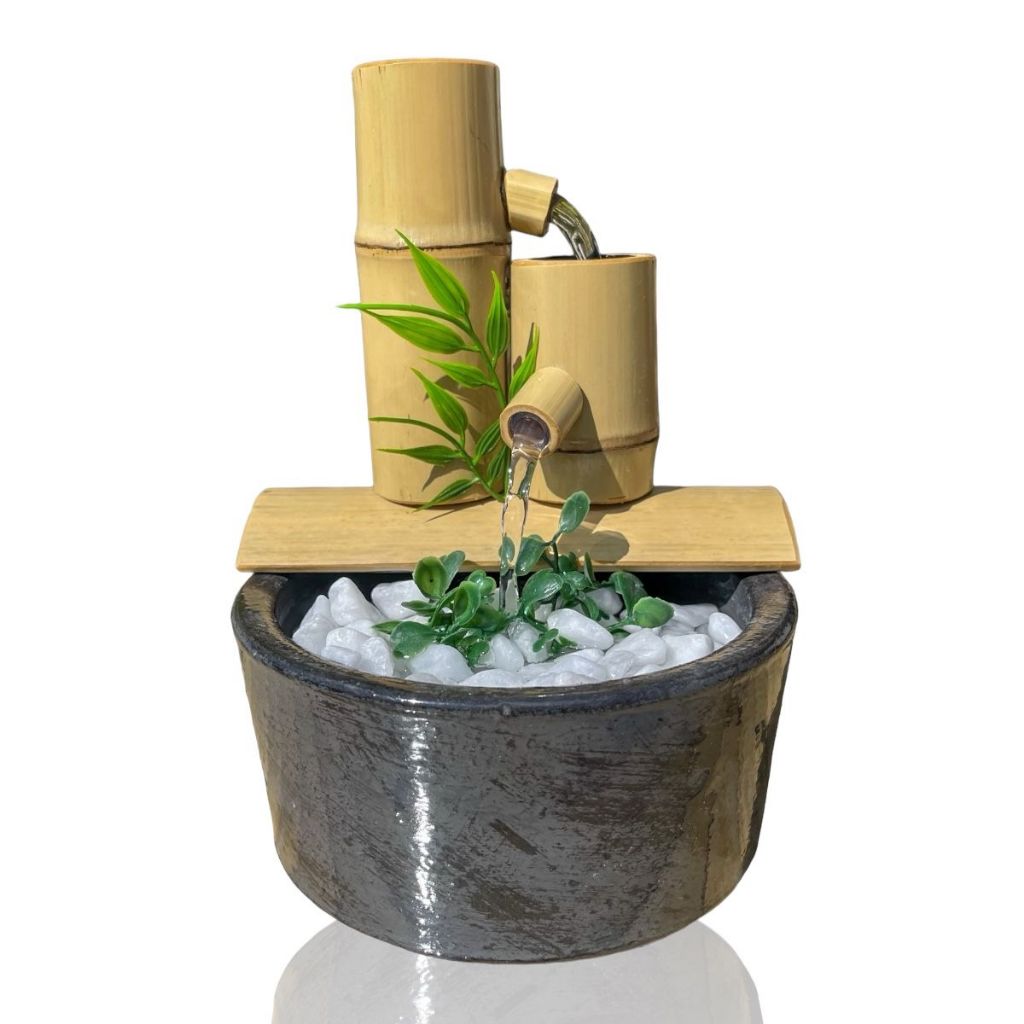 Imagem Fonte De Água Feng Shui De Bambu Zen 2 Quedas Decorativa Cinza