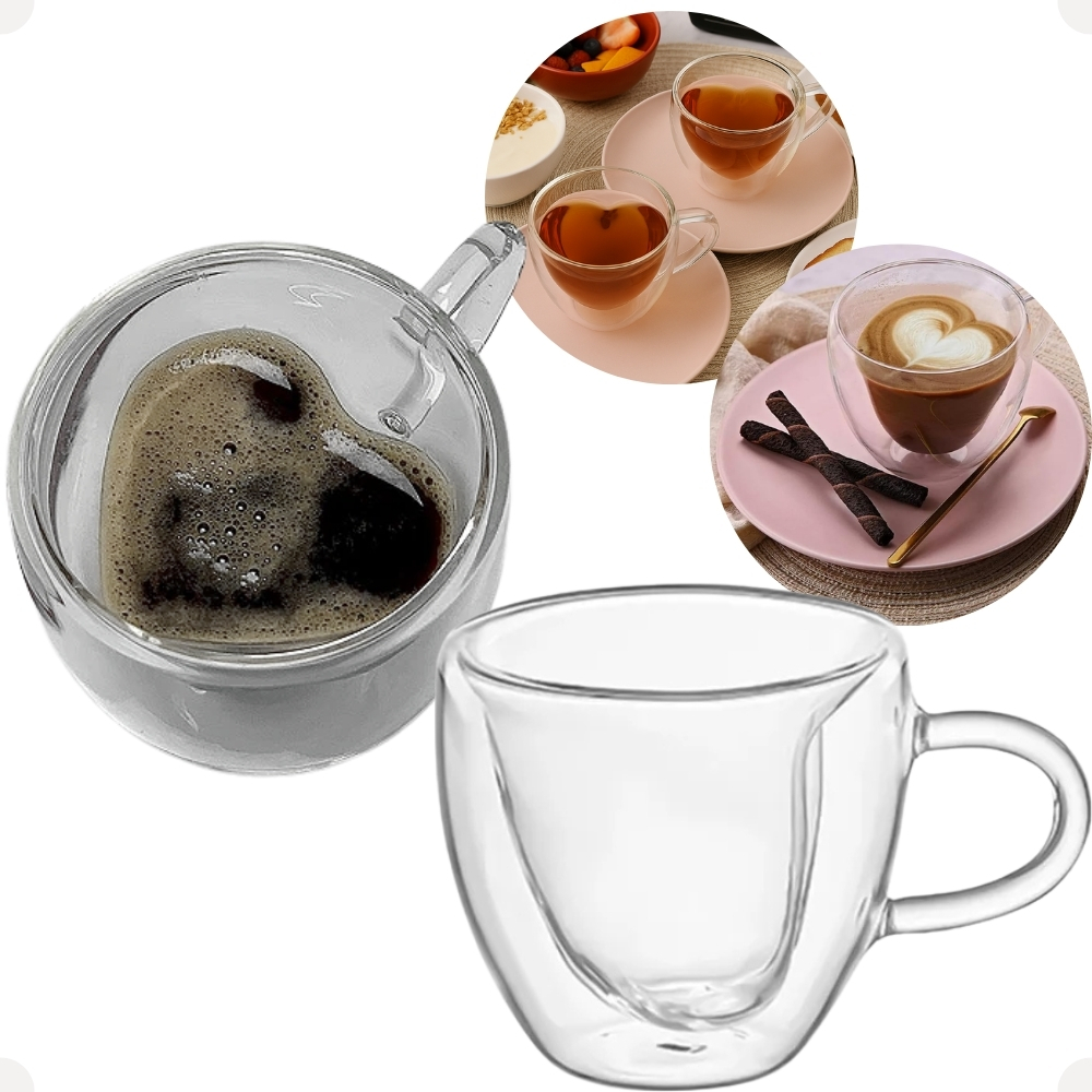 Conjunto Caneca Xicara Vidro Borossilicato Incolor Parede Dupla Coração 230 ml 2 Peças da Hauskraft. em Oferta na Shopee