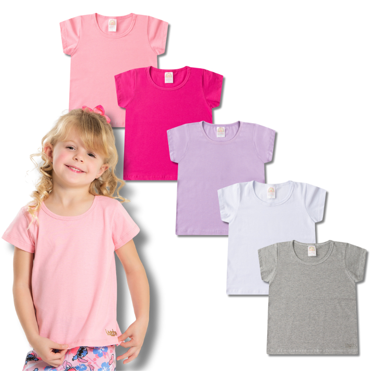 Kit Sortido Blusa Manga Curta Lisa Escolar Feminina/Menina Infantil e Juvenil do 4 ao 16 - Camiseta