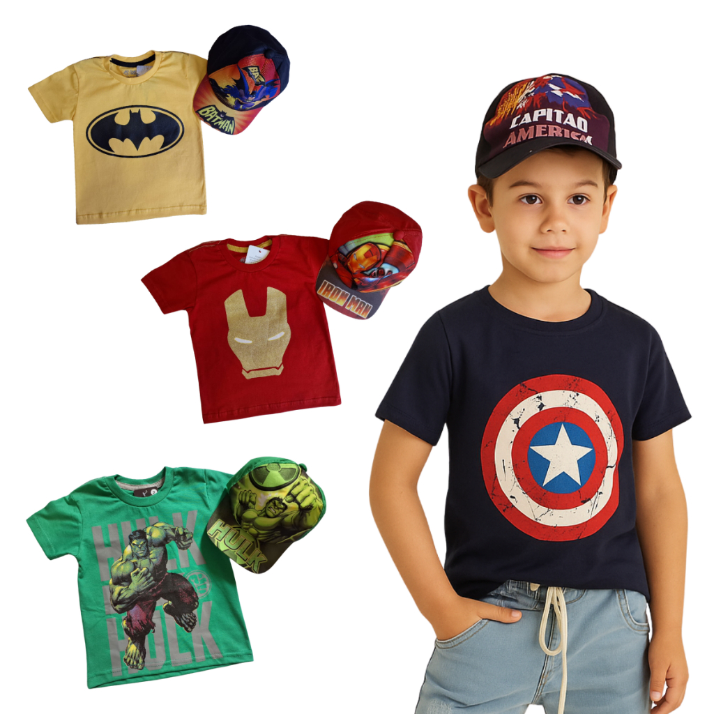 Kit Camisa em algodão Infantil personagem + boné Menino