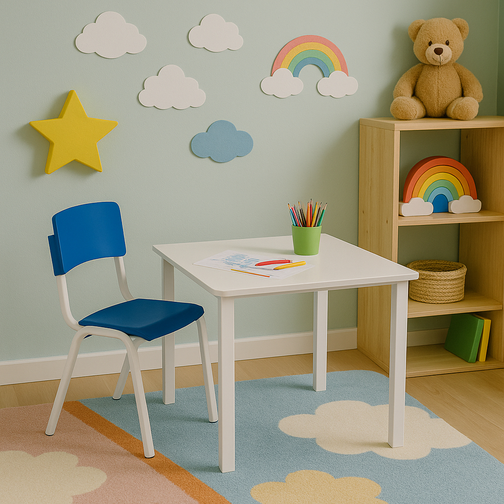 Kit Conjunto Mesa Infantil Quadrada com 1 Cadeira Azul Estudo Educativa Atividades Clínica Igreja